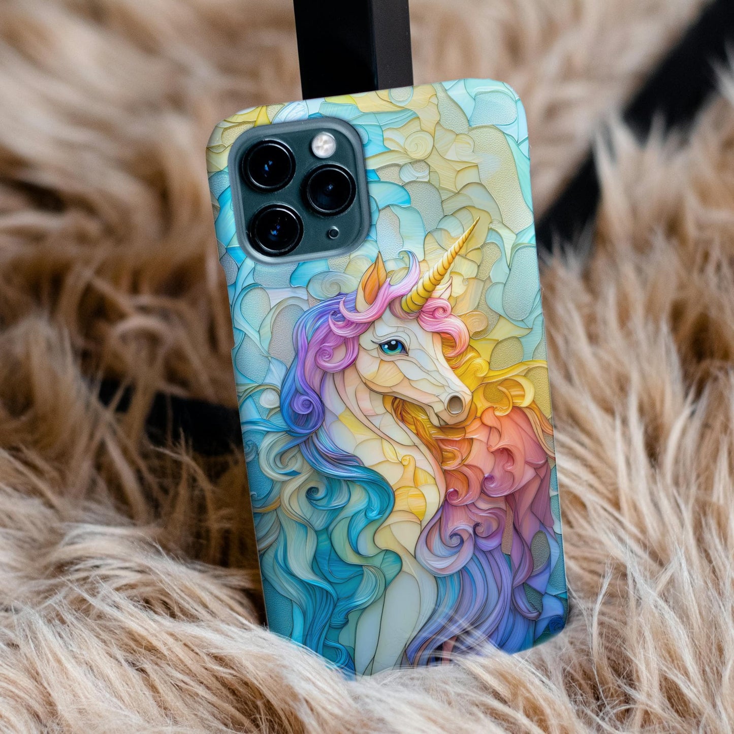 Rainbow Unicorn Phone Case iPhone 15 14 13 12 11 Pro Max 8 Plus X Samsung Galaxy S23 S22 S20 Faux Stained Glass Mosaic Phone Case Girly Case