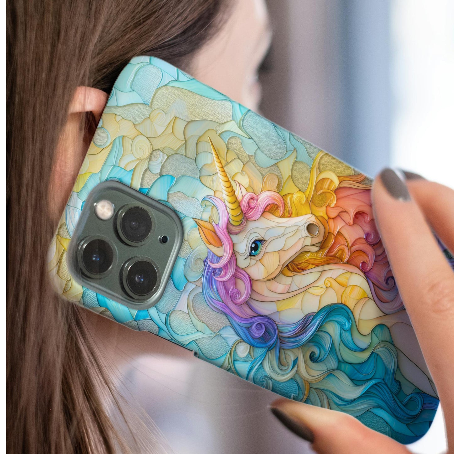 Rainbow Unicorn Phone Case iPhone 15 14 13 12 11 Pro Max 8 Plus X Samsung Galaxy S23 S22 S20 Faux Stained Glass Mosaic Phone Case Girly Case