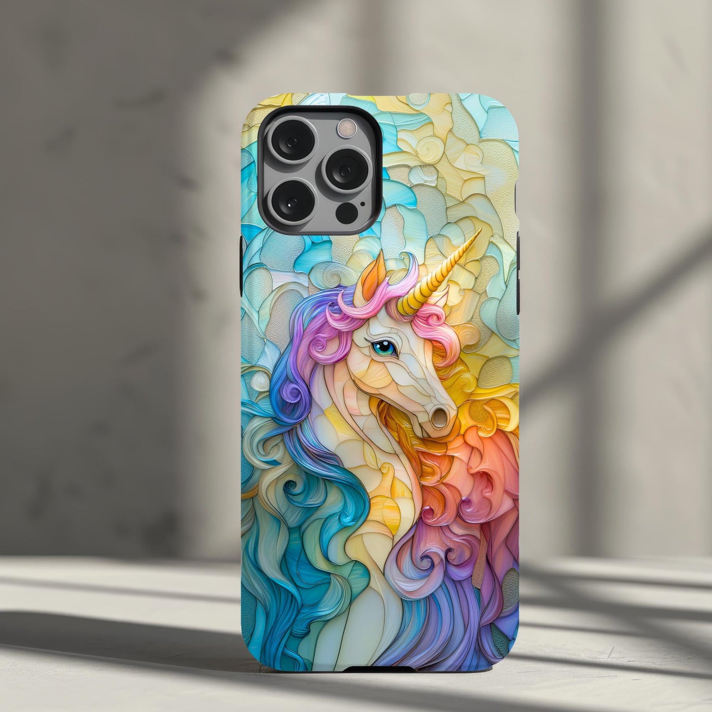 Rainbow Unicorn Phone Case iPhone 15 14 13 12 11 Pro Max 8 Plus X Samsung Galaxy S23 S22 S20 Faux Stained Glass Mosaic Phone Case Girly Case