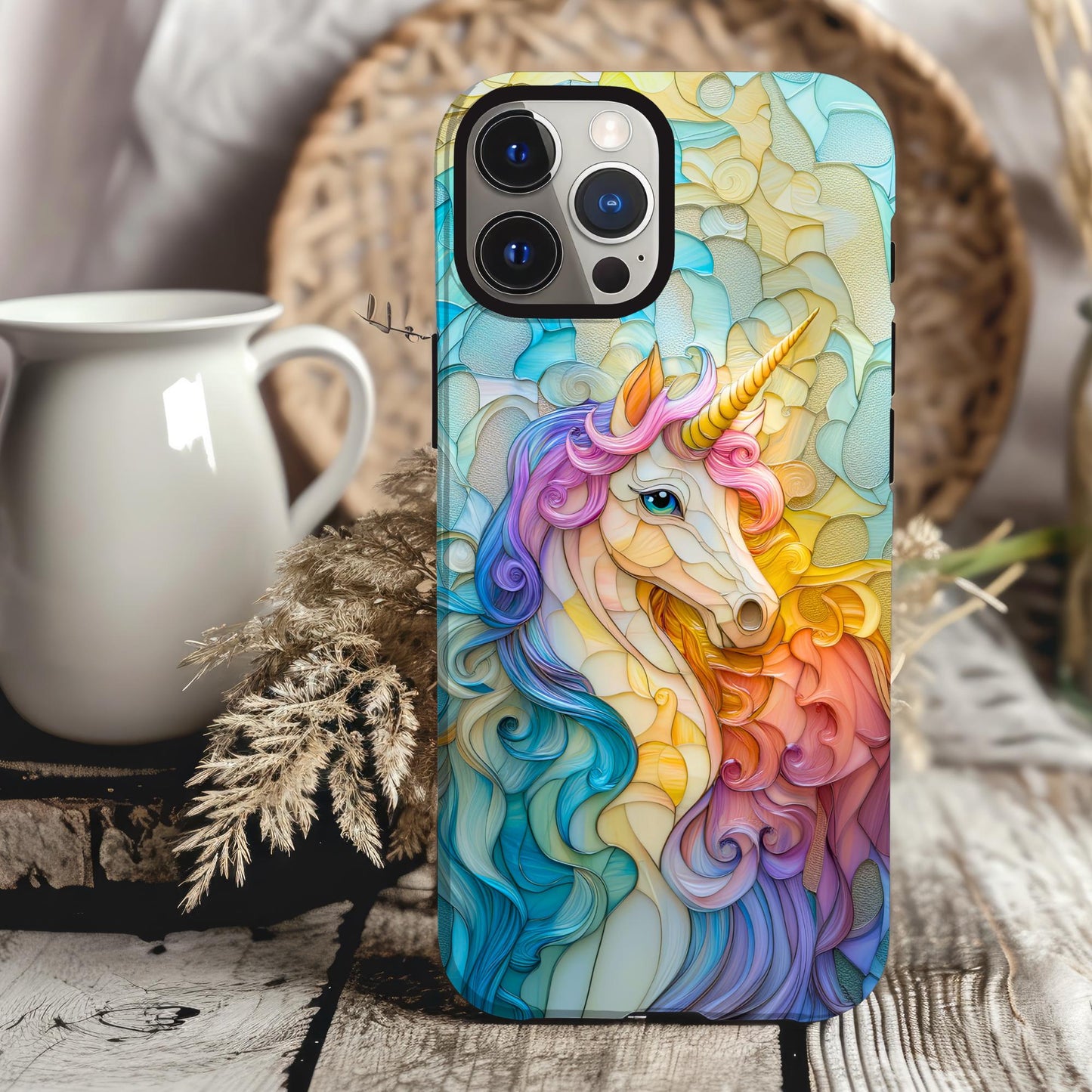 Rainbow Unicorn Phone Case iPhone 15 14 13 12 11 Pro Max 8 Plus X Samsung Galaxy S23 S22 S20 Faux Stained Glass Mosaic Phone Case Girly Case