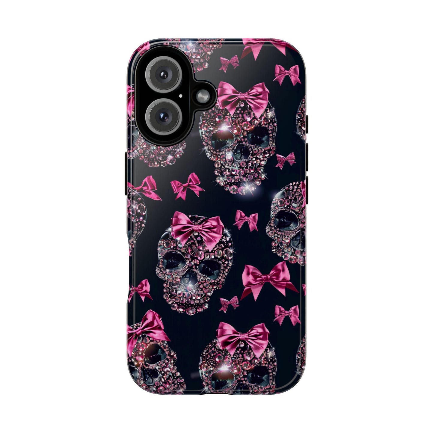 Skull and Pink Coquette Phone Case iPhone 16 15 14 13 12 Pro Max Girly Protective Cover Black and Pink Glitter Phone Case Skull and Ribbons