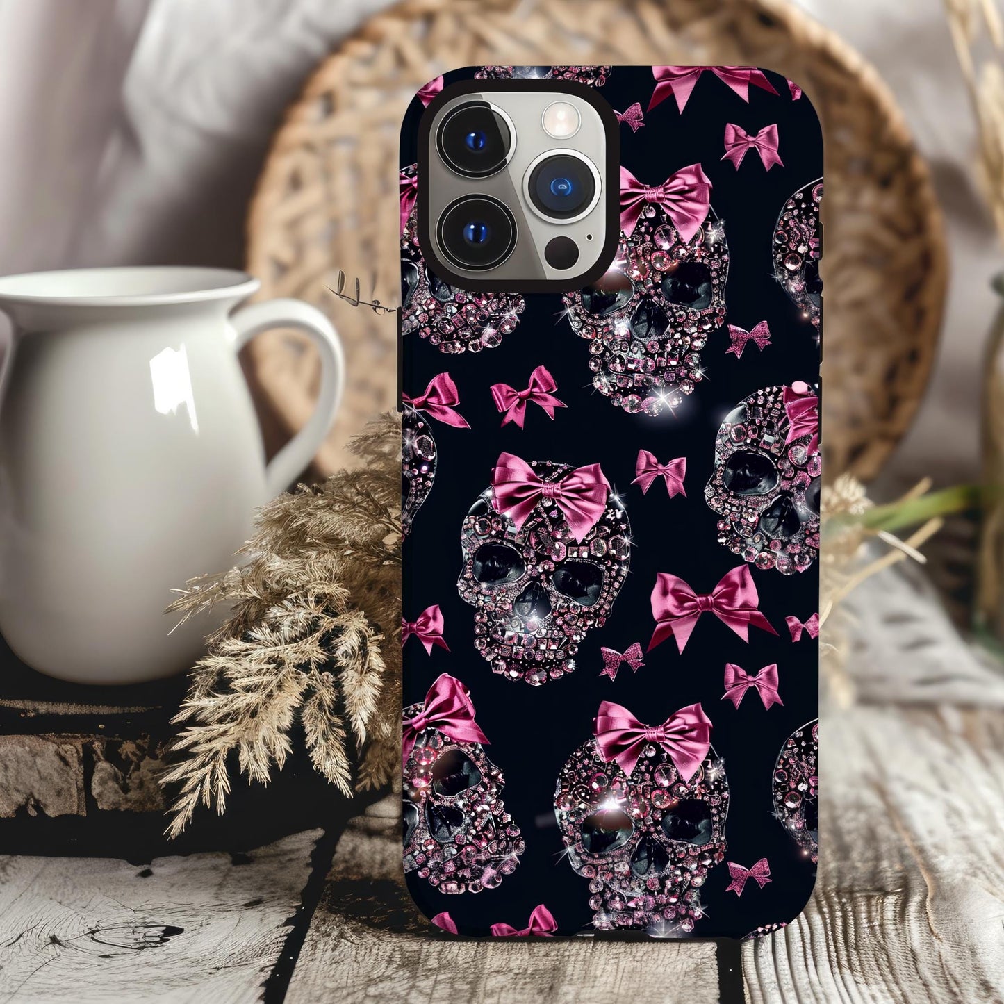 Skull and Pink Coquette Phone Case iPhone 16 15 14 13 12 Pro Max Girly Protective Cover Black and Pink Glitter Phone Case Skull and Ribbons