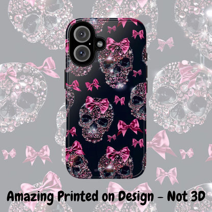 Skull and Pink Coquette Phone Case iPhone 16 15 14 13 12 Pro Max Girly Protective Cover Black and Pink Glitter Phone Case Skull and Ribbons