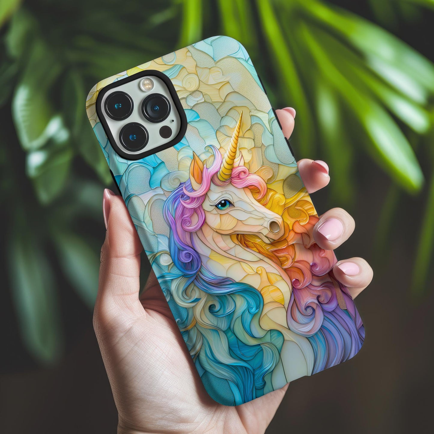 Rainbow Unicorn Phone Case iPhone 15 14 13 12 11 Pro Max 8 Plus X Samsung Galaxy S23 S22 S20 Faux Stained Glass Mosaic Phone Case Girly Case