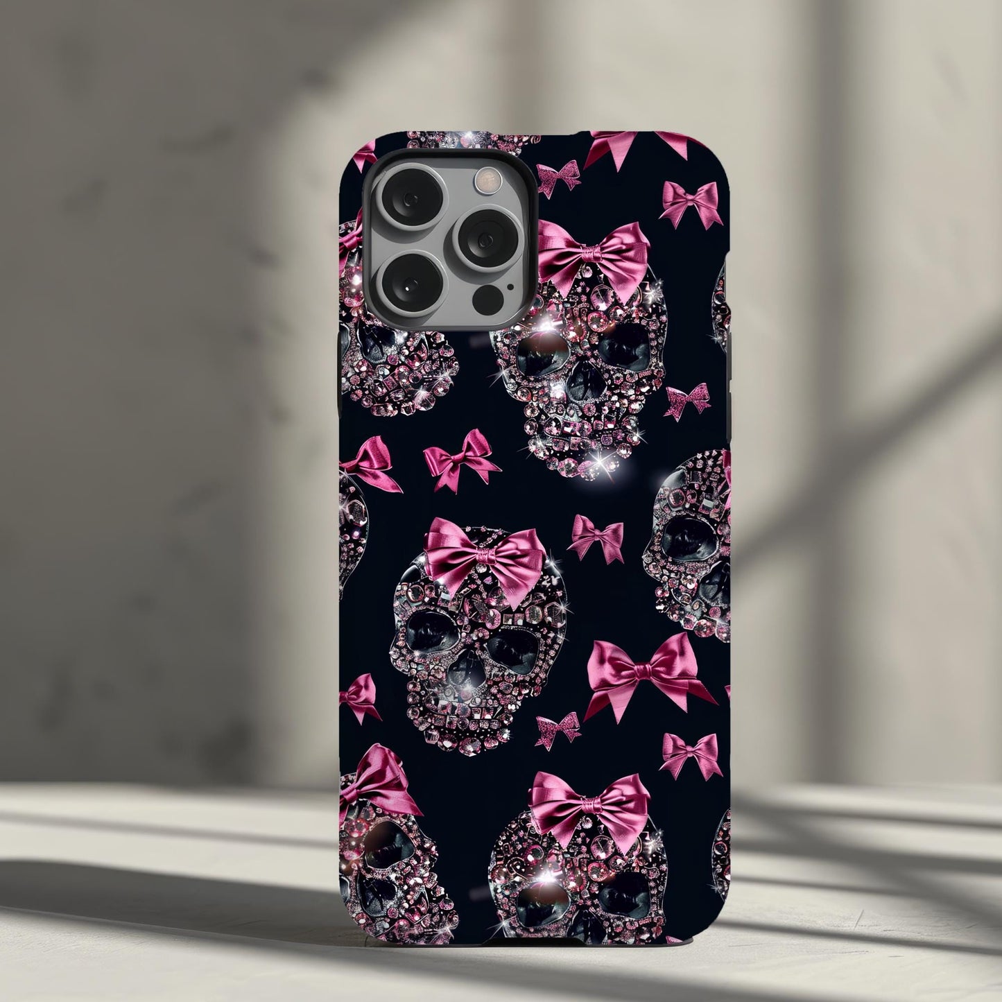 Skull and Pink Coquette Phone Case iPhone 16 15 14 13 12 Pro Max Girly Protective Cover Black and Pink Glitter Phone Case Skull and Ribbons