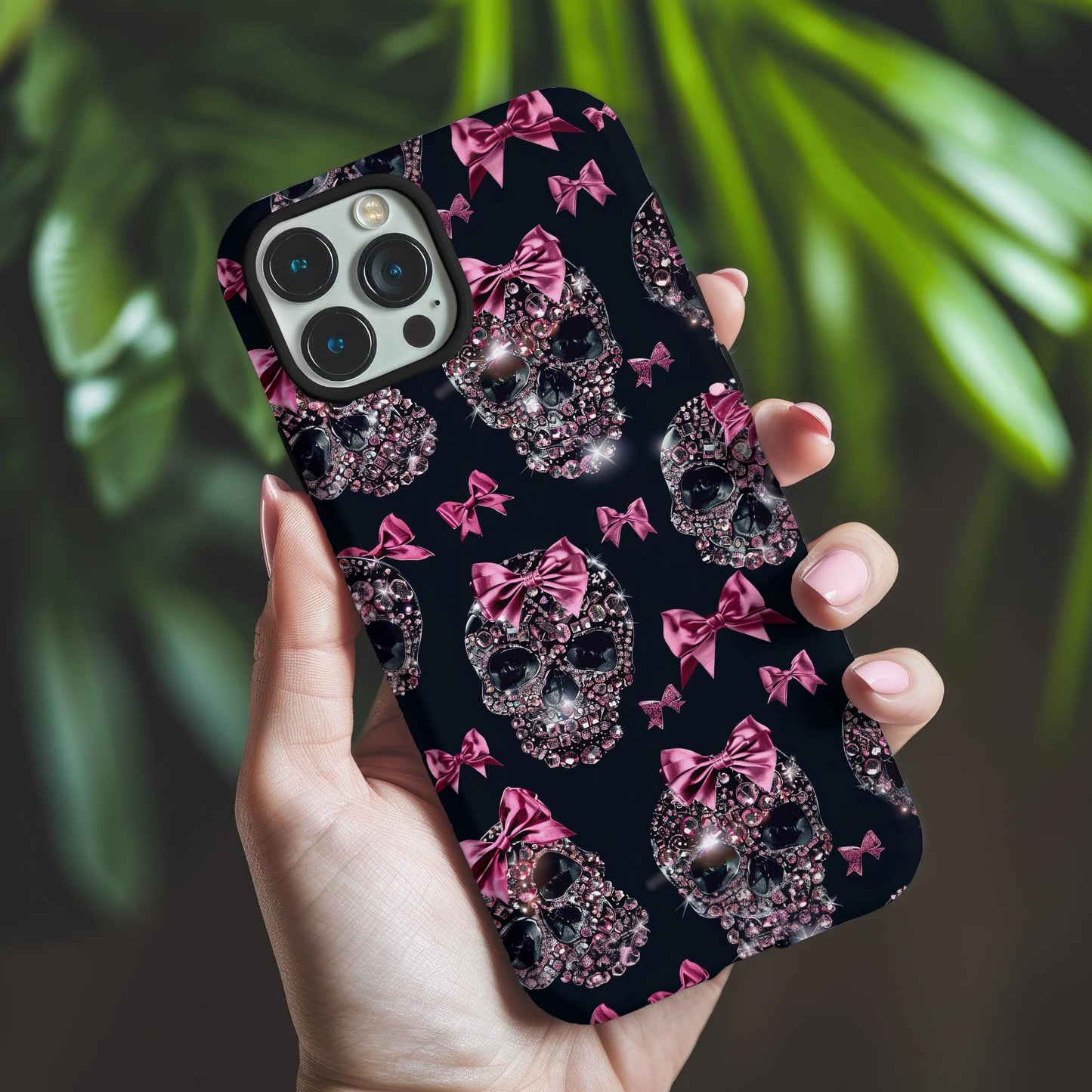 Skull and Pink Coquette Phone Case iPhone 16 15 14 13 12 Pro Max Girly Protective Cover Black and Pink Glitter Phone Case Skull and Ribbons